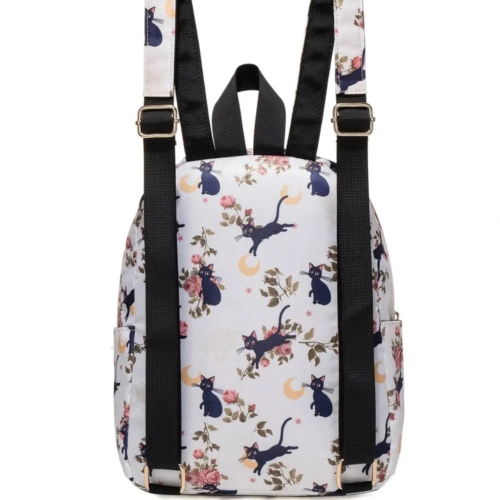 Floral‎ Cat Backpack Mini White Cute Black Kitten Roses School Travel Bag New